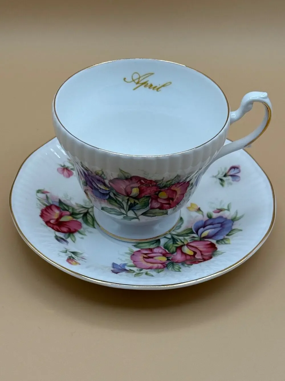 🌸 Royal Dover Flower of the Month Cup & Saucer Ribbed Bone China England APRIL